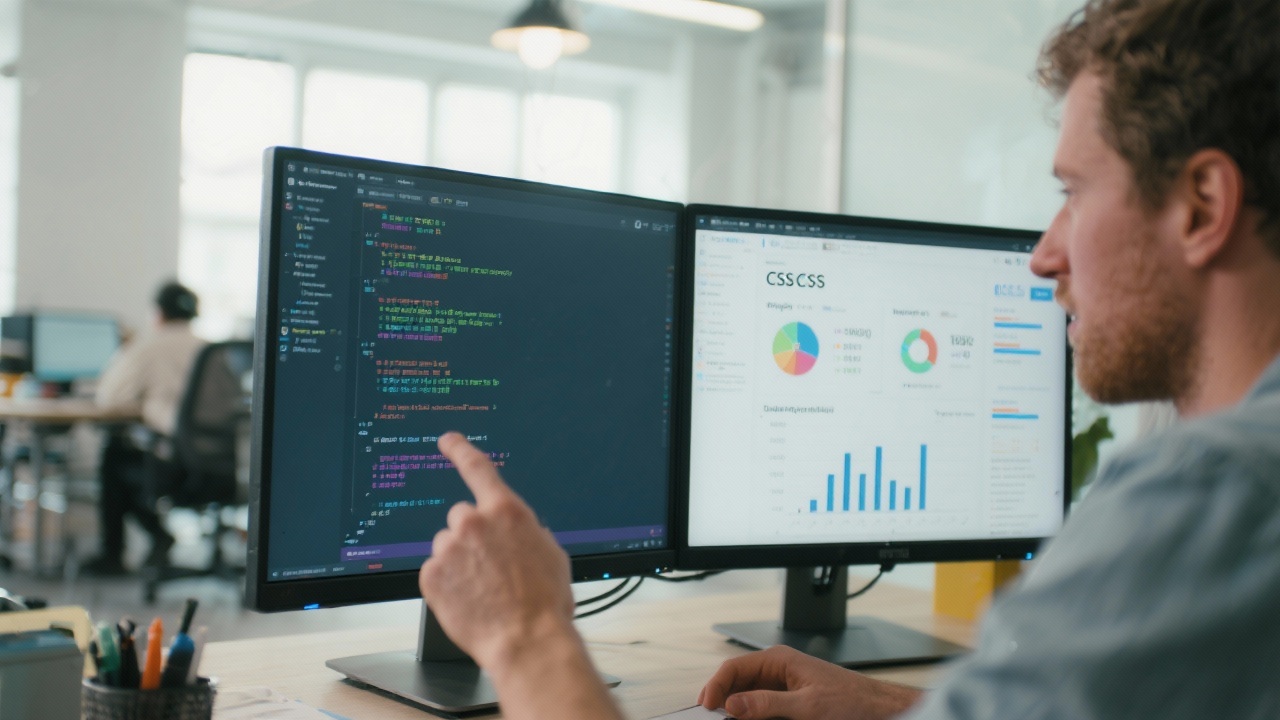 Detailed still of front-end developers inspecting HTML CSS snippets displayed on dual monitors with code annotations and quality metrics charts inside a bright co-working space in the Netherlands.