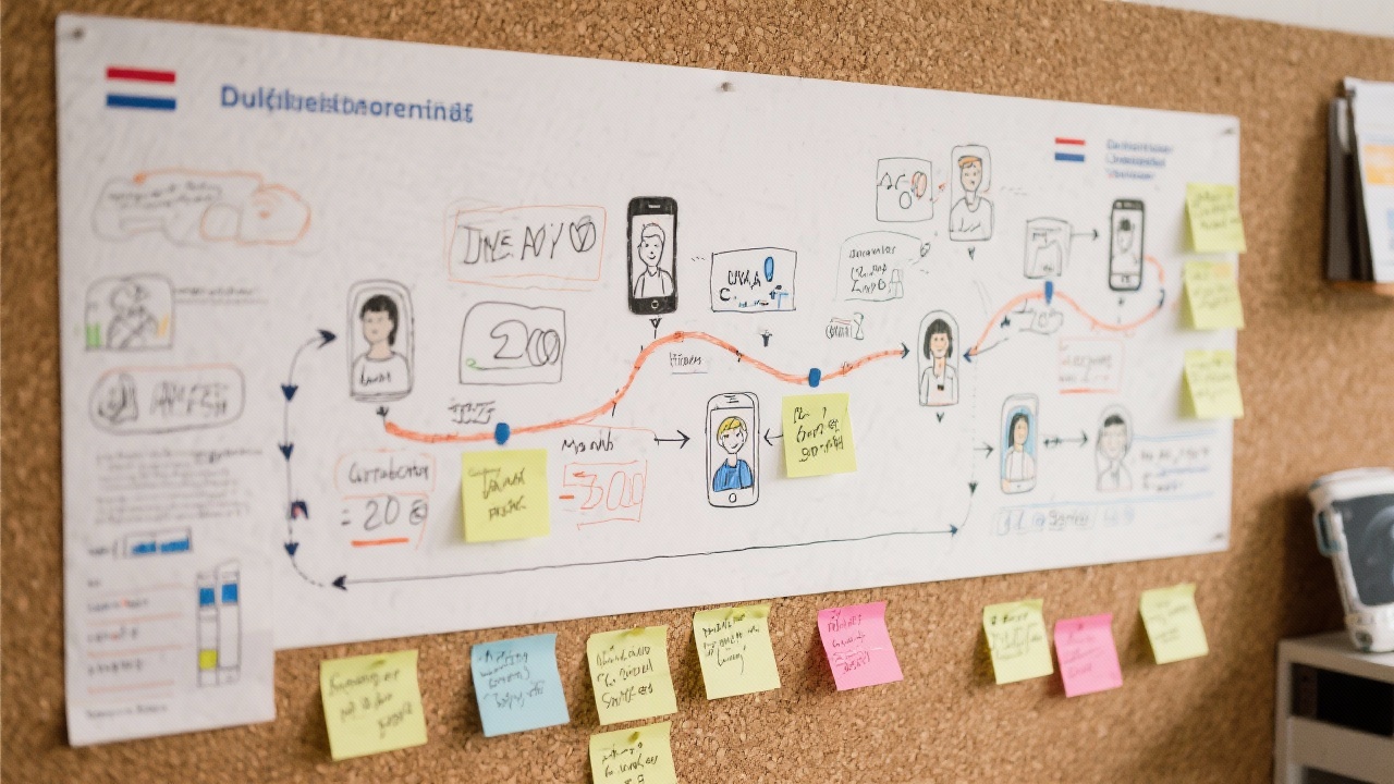 Detailed storyboard showing customer journey mapping for Dutch service provider with handwritten personas sticky arrows conversion data and mobile-first flow sketches on cork wall.