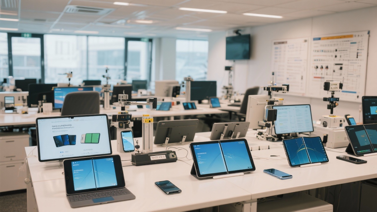 Panoramic image of dedicated device testing lab showing smartphones tablets and foldable screens running responsive demos beside measurement hardware and calibration logs in an Amsterdam tech office.