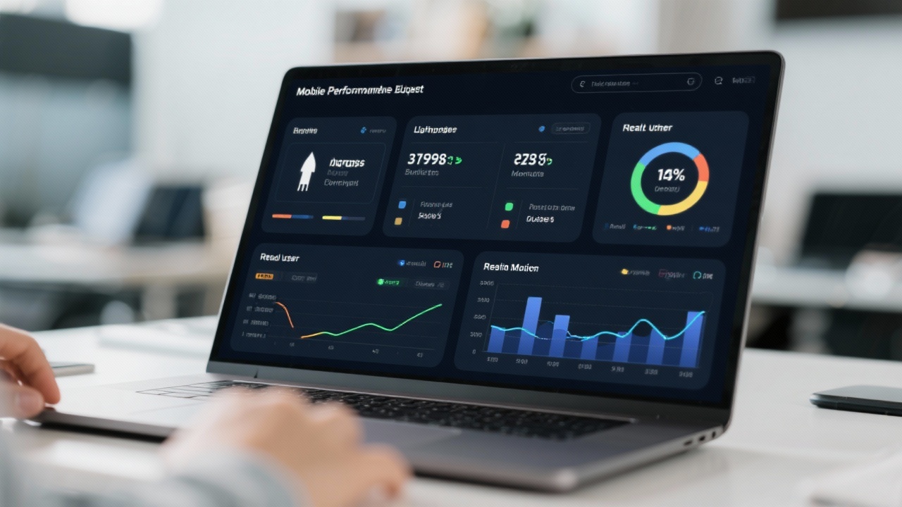 Close-up of analytics dashboard displaying mobile performance budgets lighthouse scores and real user monitoring graphs on a laptop in contemporary digital strategy workspace.