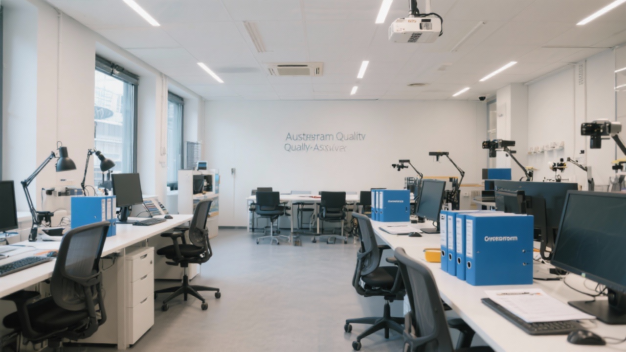 Interior photograph of Amsterdam quality assurance lab with ergonomic desks calibrated monitors documentation binders and reserved space for client onboarding meetings focused on responsive delivery.