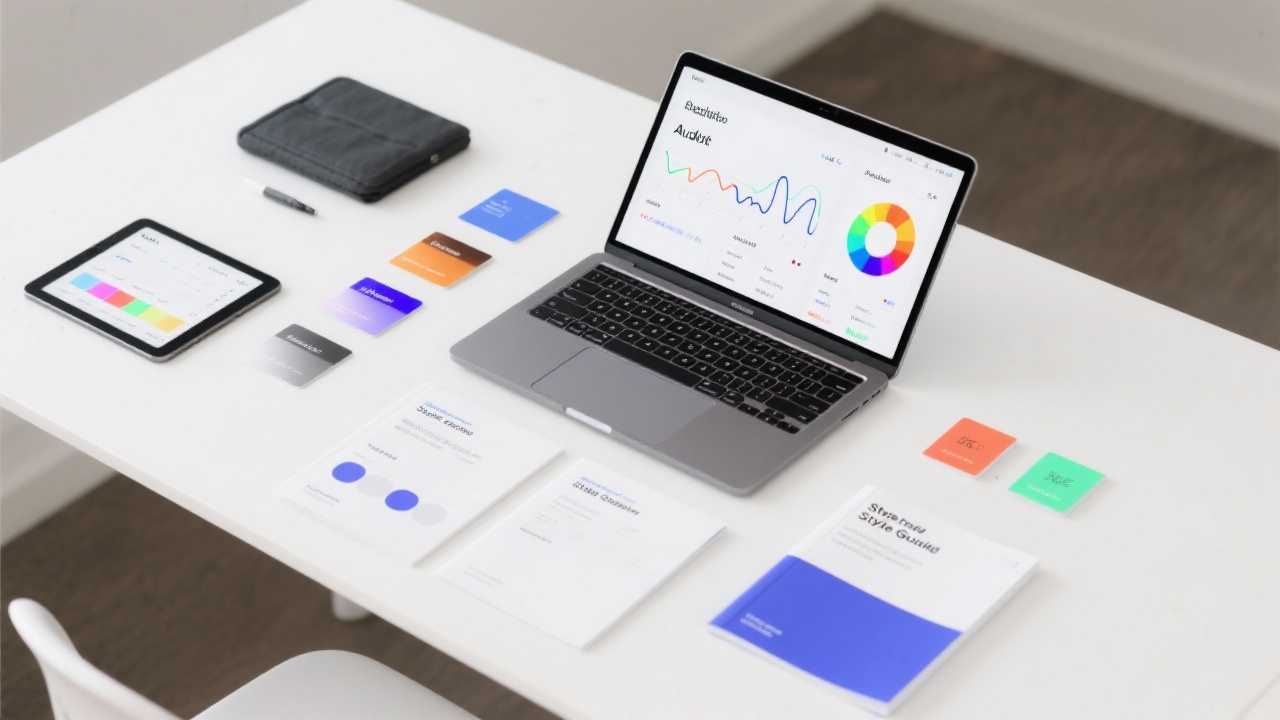 Flat lay photograph of responsive design toolkit featuring a laptop with audit dashboard color calibration cards device frames and style guide booklets neatly arranged on a white table surface.