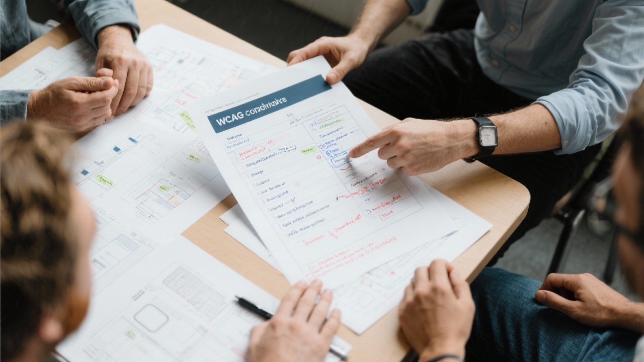 High angle shot of accessibility specialist highlighting WCAG compliance checklist overlaying printed wireframes and annotations with Dutch language notes during stakeholder review session.