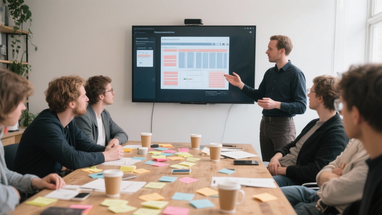 Action shot of instructor presenting responsive layout diagrams on large screen to Dutch designers seated around collaborative workshop table with sticky notes and coffee mugs.